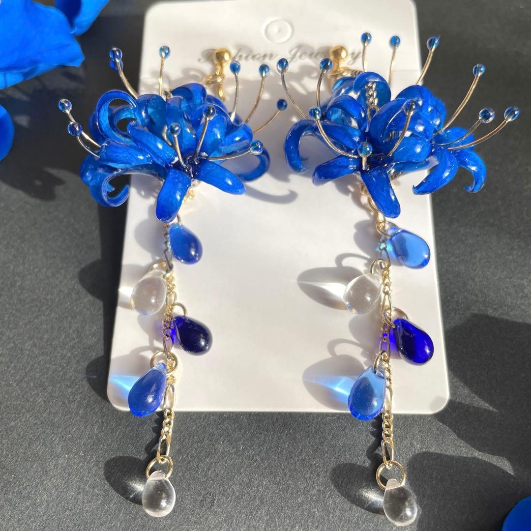 りん5　　イヤリング3点　彼岸花4輪　赤　彼岸花4輪　青　　紫陽花ロング