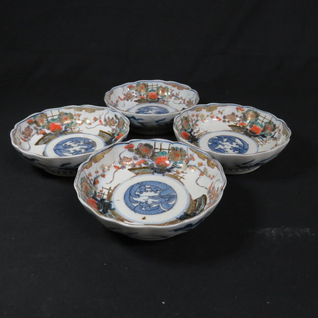 なます皿 4枚 源江製 竜 色絵付 金彩 花 豪華 蛇の目 江戸か