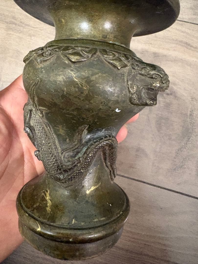 ▽ 錆物師 『鍋長』作江戸時代 龍雕刻 宣德銅製 古董