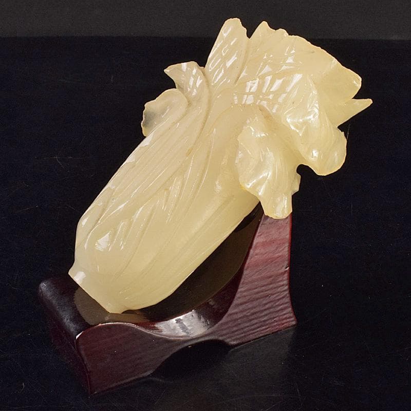 中国　玉石白玉彫刻　白菜　置物　唐木台付　C　R7586