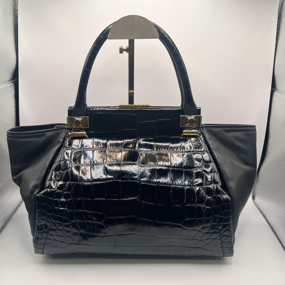 定価25万美品ランバンL 黒 クロコ押型ハンドバックショルダーバック　ブラック