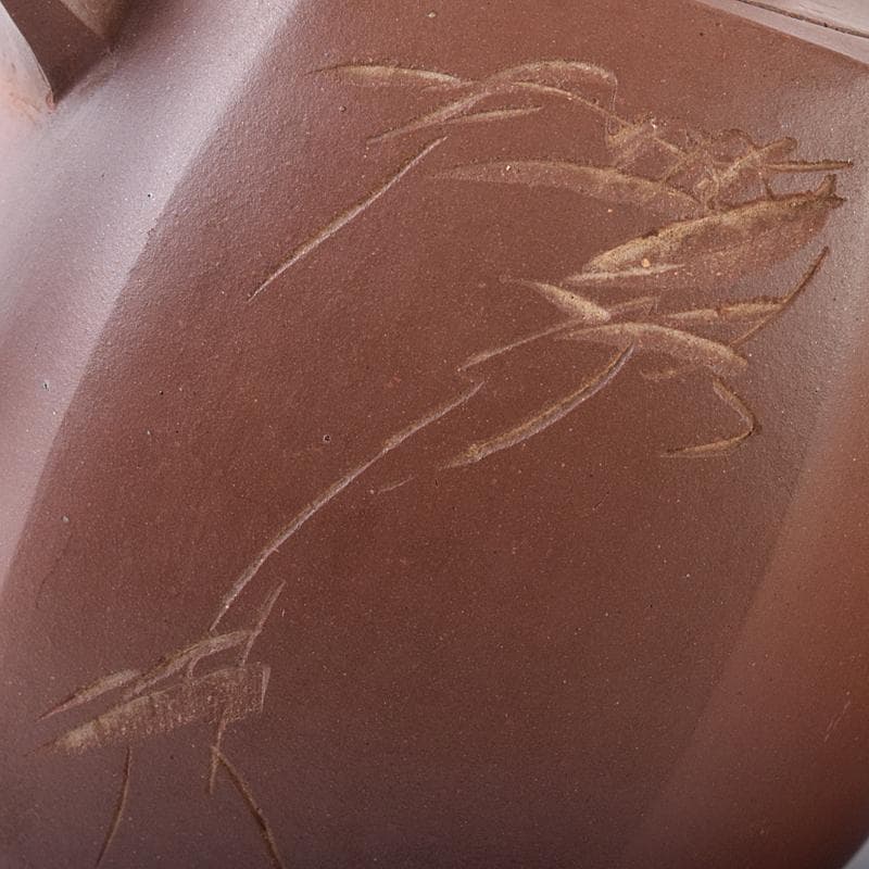 中国　小六方　紫砂　朱泥　漢詩草文　六角急須　茶壷　V　R8293