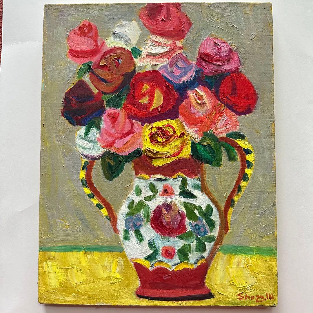 2114様感謝 ‼️村田省蔵「 薔薇 」肉筆油彩F6号署名共シール差函