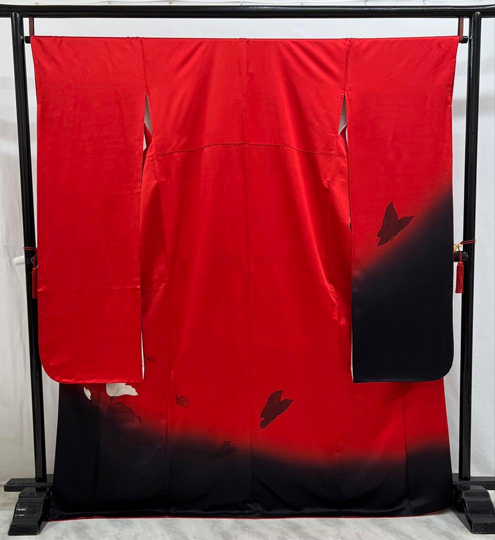 振り袖　フルセット　長襦袢付　赤　黒　ツートーン　成人式　パーティー　665