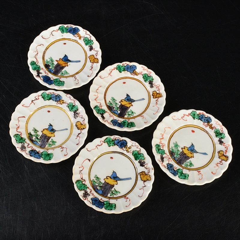九谷焼　古九谷　角福銘　色絵花鳥文　輪花皿　手塩皿　小皿　五客　V　R7321