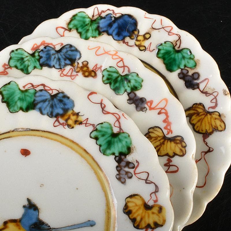 九谷焼　古九谷　角福銘　色絵花鳥文　輪花皿　手塩皿　小皿　五客　V　R7321