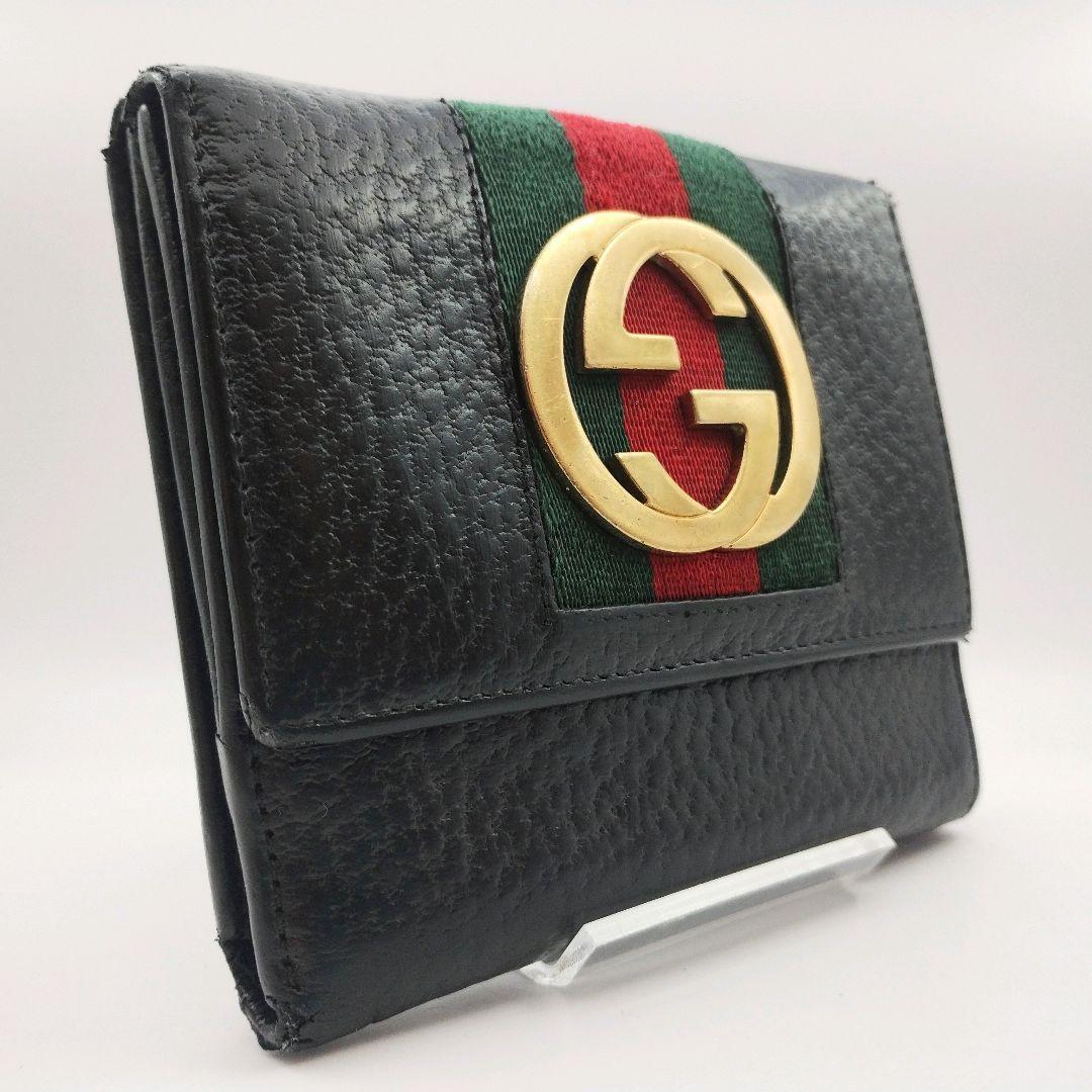GUCCI 二つ折り財布 インターロッキング シェリーライン GG金具 黒 本革