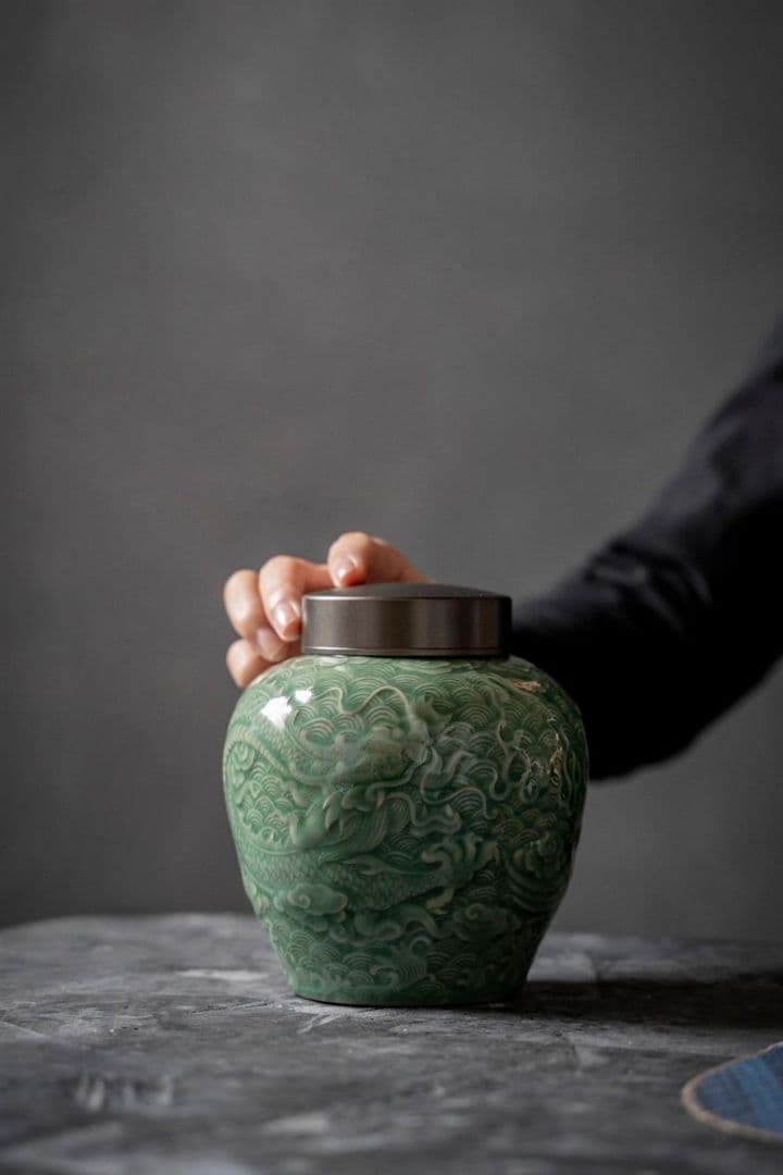 中国美術 茶筒 茶器 茶入れ 青磁 茶道具 龍鳳紋 送料込み