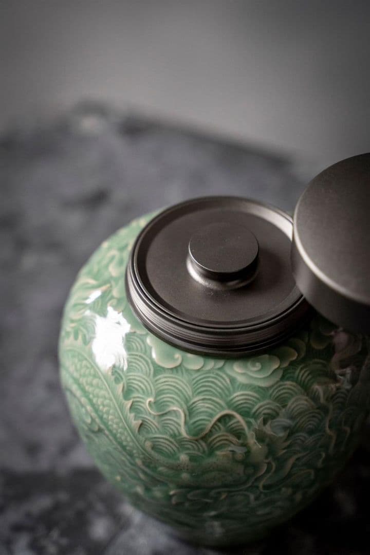 中国美術 茶筒 茶器 茶入れ 青磁 茶道具 龍鳳紋 送料込み