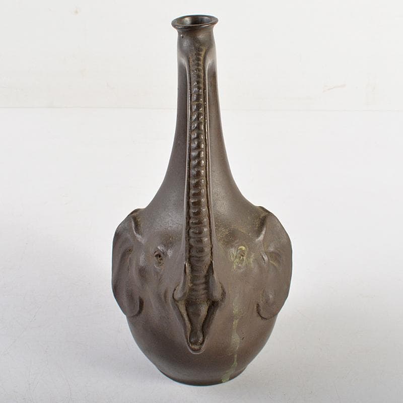 時代金工　古銅　双象瓶　一輪挿し　合わせ箱付　M　R6046