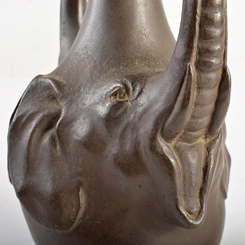 時代金工　古銅　双象瓶　一輪挿し　合わせ箱付　M　R6046