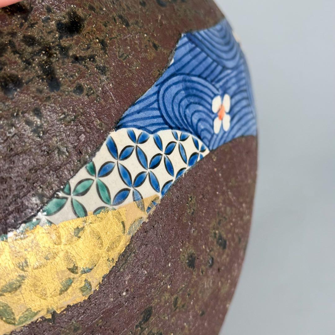 【中村梅山 造】象嵌色絵扁壷 在銘 飾壺 陶芸家 加賀の仁清 花入 花瓶 華道具