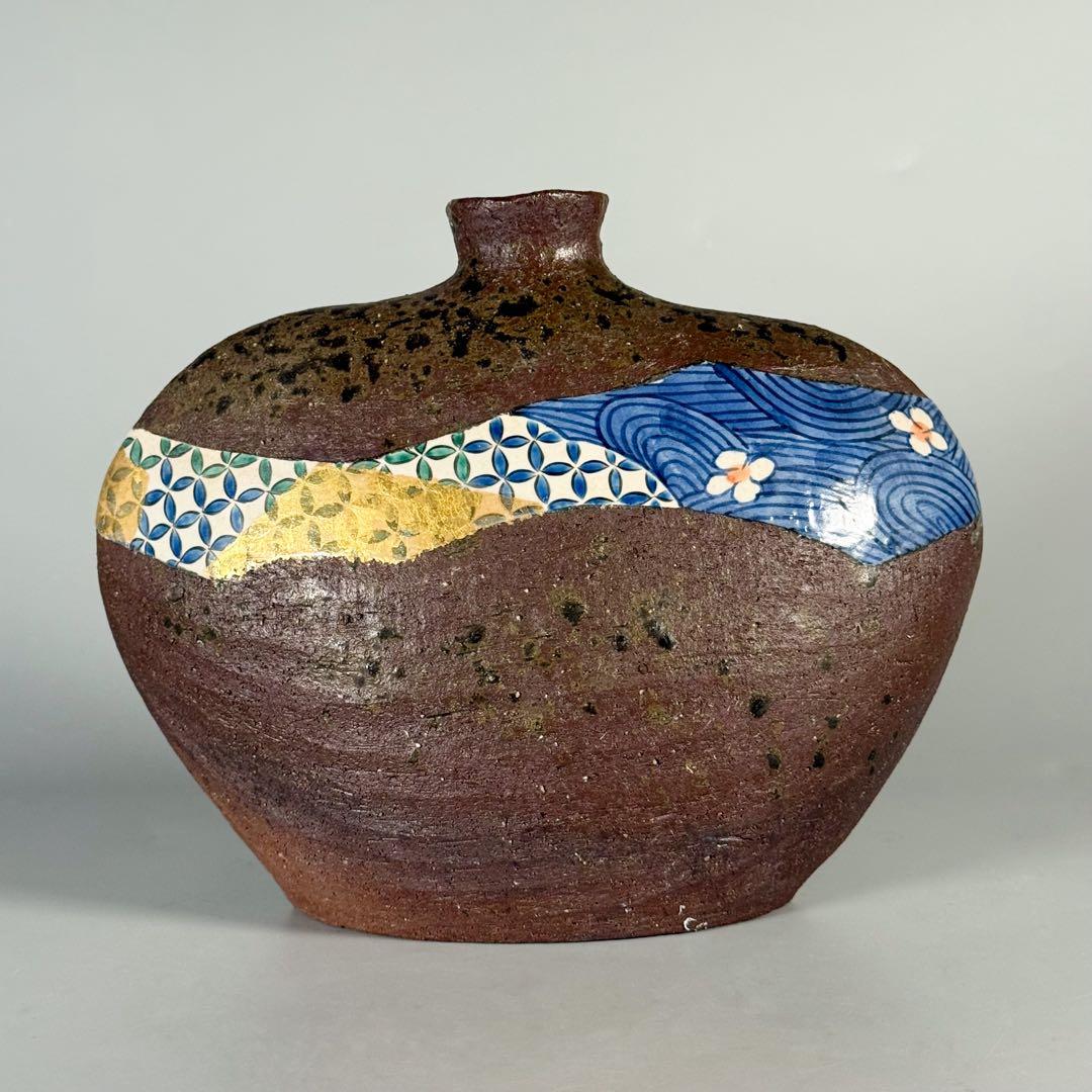 【中村梅山 造】象嵌色絵扁壷 在銘 飾壺 陶芸家 加賀の仁清 花入 花瓶 華道具