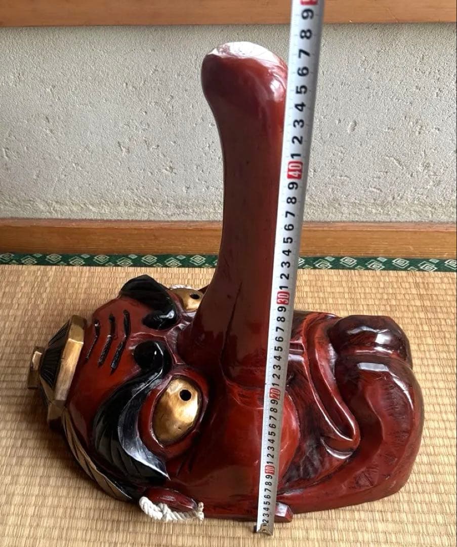 超大型　天狗お面　木彫　アンティーク　壁掛　工芸品　魔除け　縁起物　骨董　守神