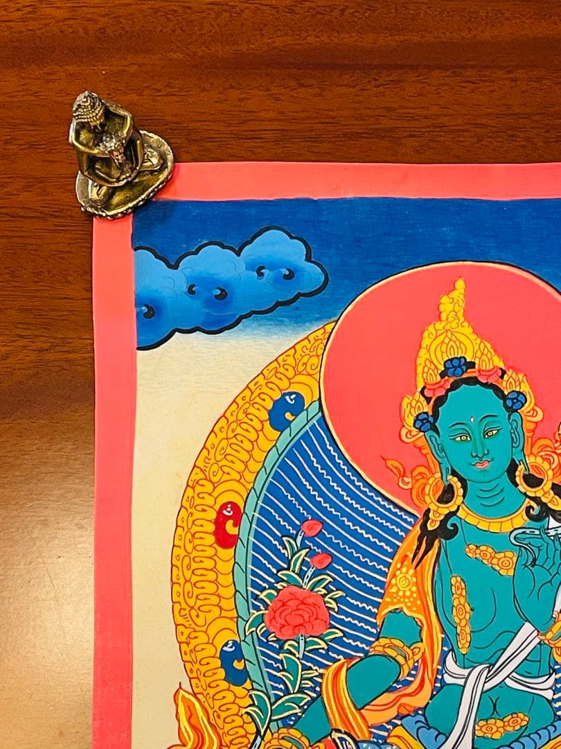 手描き 肉筆画 グリーンターラー 緑多羅菩薩 タンカ 曼荼羅 38 × 26