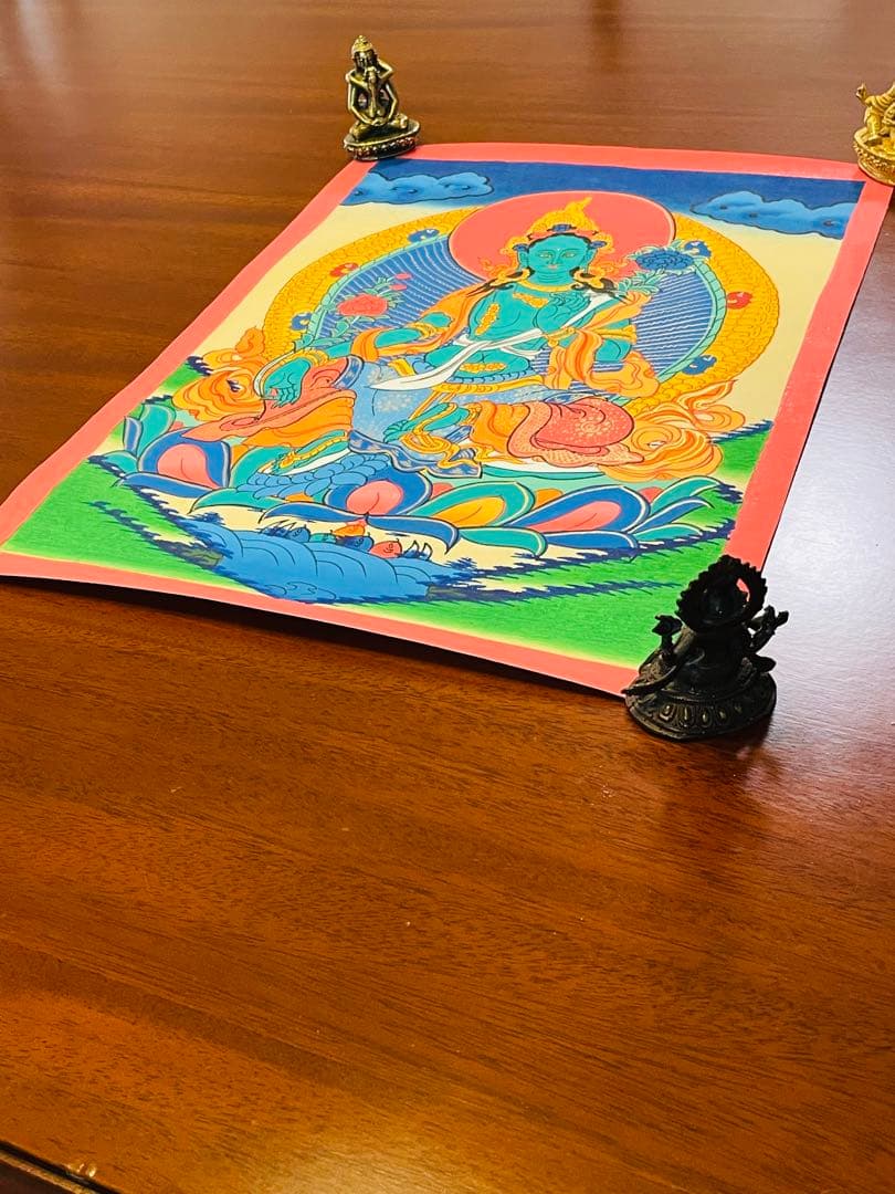 手描き 肉筆画 グリーンターラー 緑多羅菩薩 タンカ 曼荼羅 38 × 26