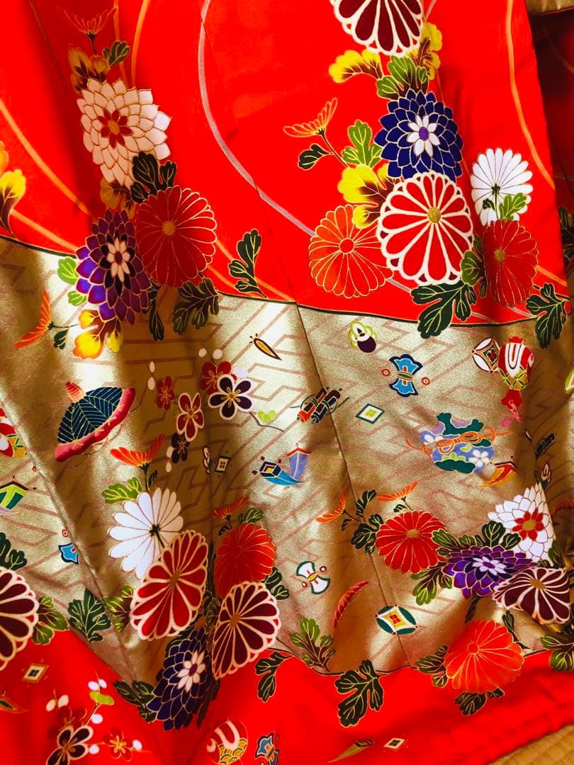 【豪華美品】引き振袖　お引きずり　和装婚　前撮り　朱色花柄