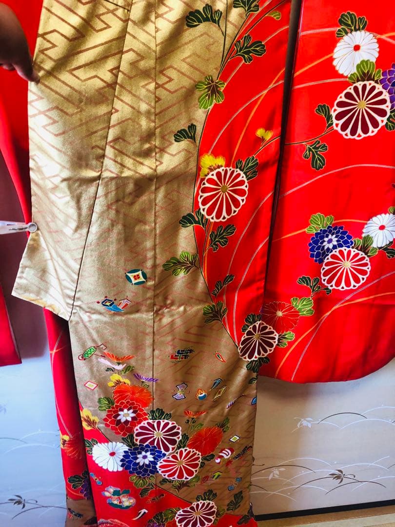 【豪華美品】引き振袖　お引きずり　和装婚　前撮り　朱色花柄