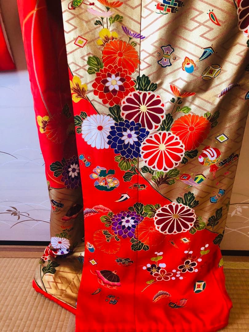 【豪華美品】引き振袖　お引きずり　和装婚　前撮り　朱色花柄