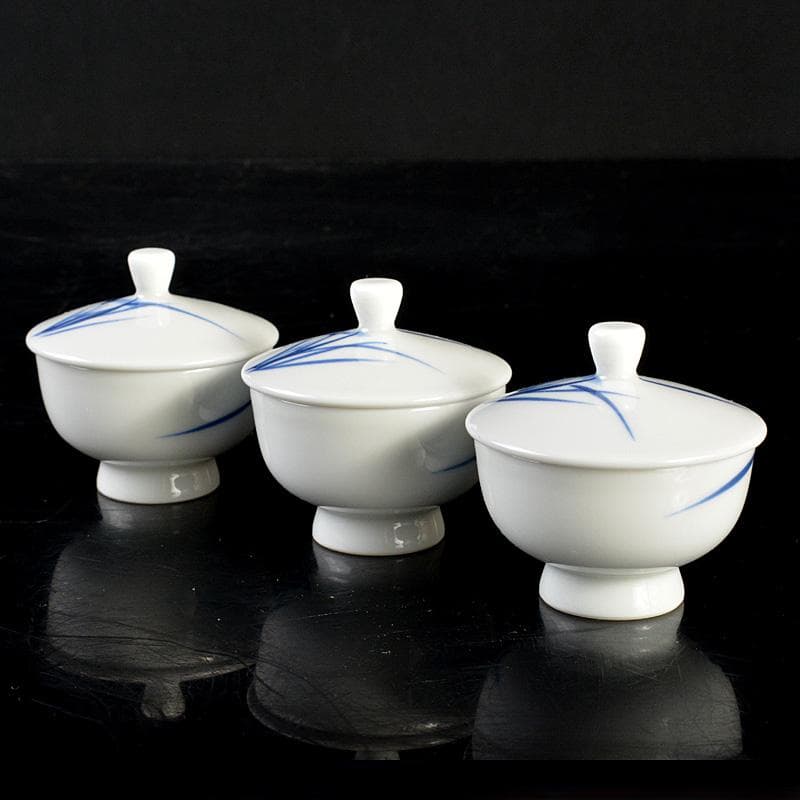 京焼　平安　光峰作　染付笹文　蓋付　猪口　３客　V　6061