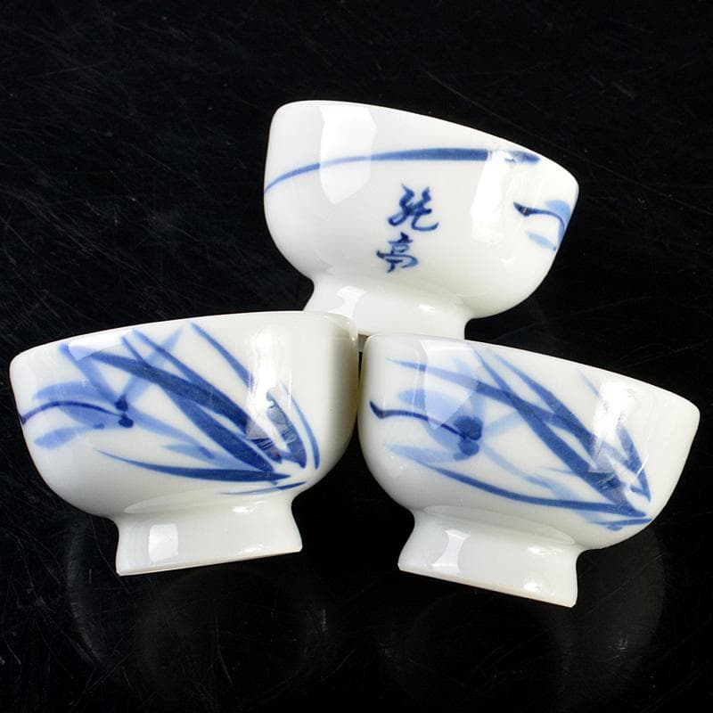 京焼　平安　光峰作　染付笹文　蓋付　猪口　３客　V　6061