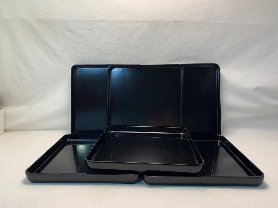 美品 懐石道具 木製黒真塗 四方膳 会席膳 6客組 銘々盆 平膳 宴会盆