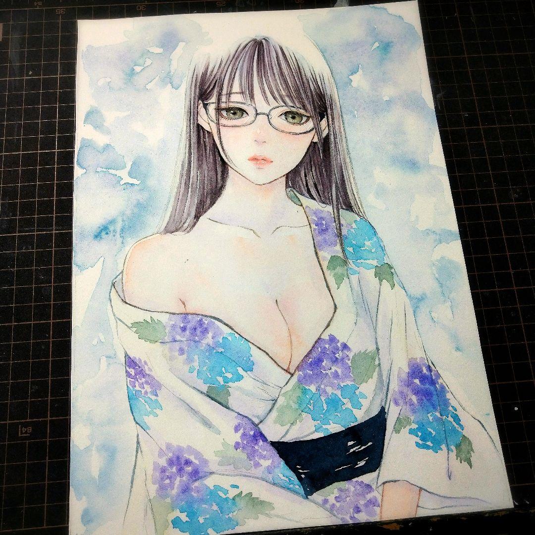 絵画　手描きイラスト　美人画　水彩画　原画　浴衣　眼鏡　紫陽花