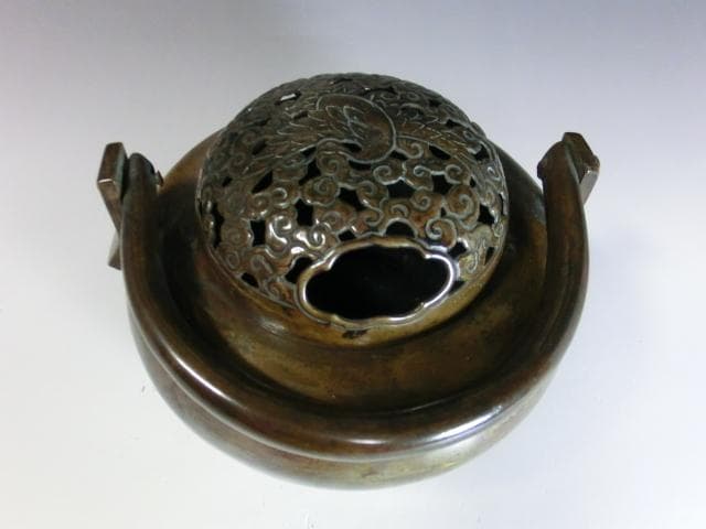 手炉■古銅 鶴透かし火屋 手焙り 中国古玩 香炉 時代物 骨董■