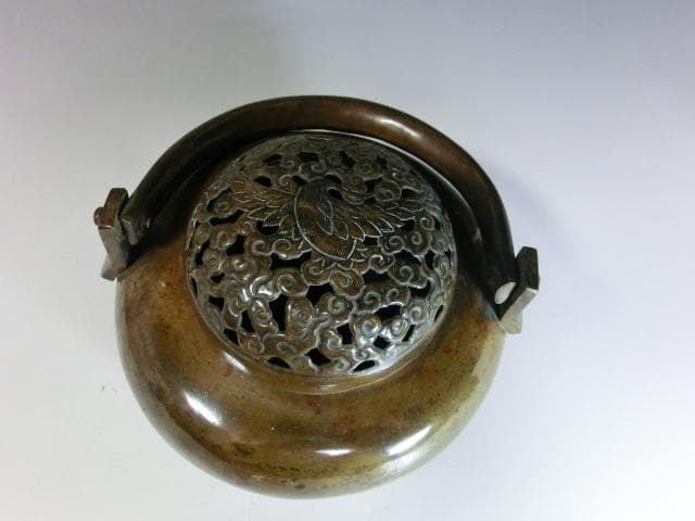 手炉■古銅 鶴透かし火屋 手焙り 中国古玩 香炉 時代物 骨董■