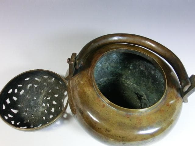 手炉■古銅 鶴透かし火屋 手焙り 中国古玩 香炉 時代物 骨董■