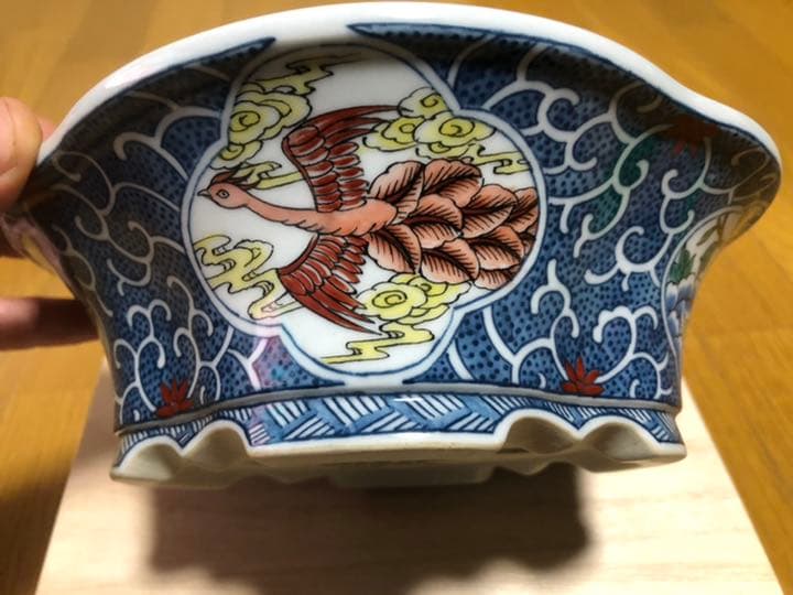 染付紋　五彩龍鳳図木瓜鉢　谷楽方山造　新品