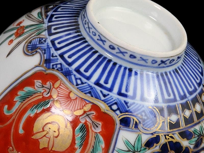 古伊万里　金襴手　四君子に兎の図　大振蓋茶碗　D837AS-CXb