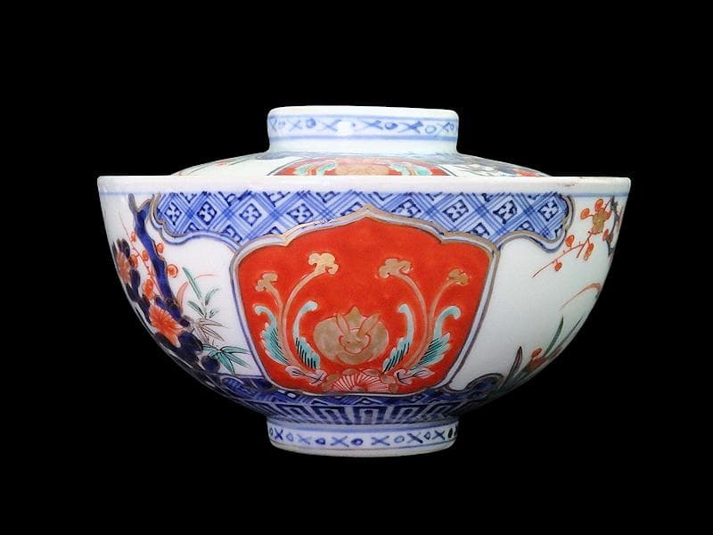 古伊万里　金襴手　四君子に兎の図　大振蓋茶碗　D837AS-CXb