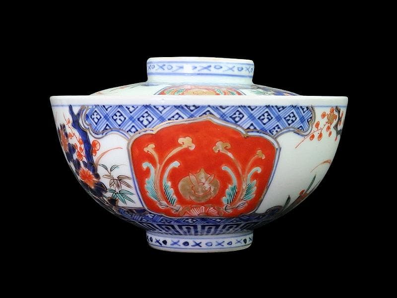 古伊万里　金襴手　四君子に兎の図　大振蓋茶碗　D837AS-CXb