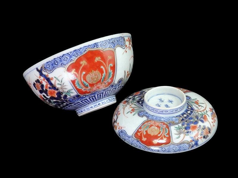 古伊万里　金襴手　四君子に兎の図　大振蓋茶碗　D837AS-CXb