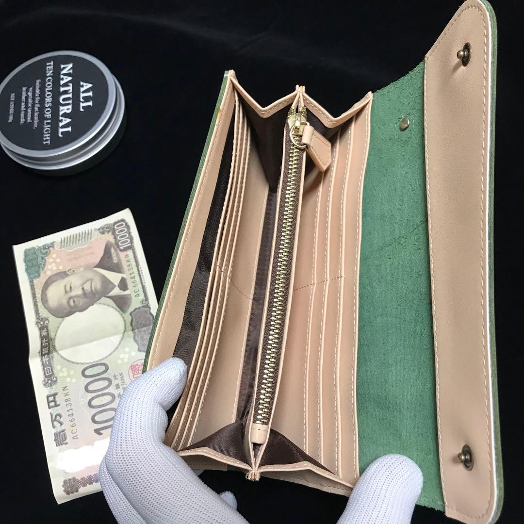 ハ*ラ様 緑長財布 本革 ブライドルレザー メンズ ヌメ革　ロングウォレット　レ