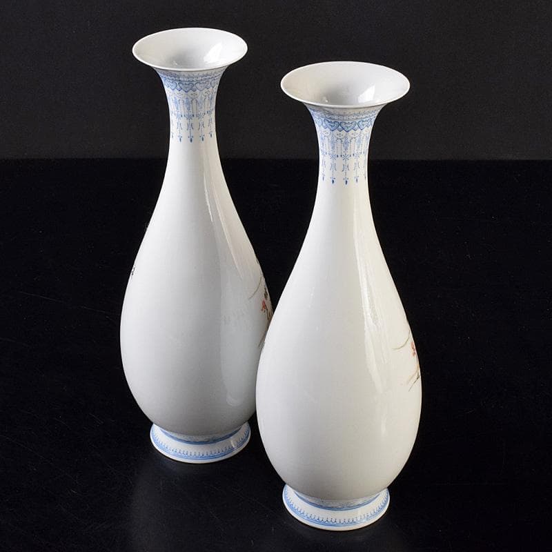 中国　中国景徳鎮製款　薄胎　粉彩　漢詩花鳥文瓶　一對　D　R7797B