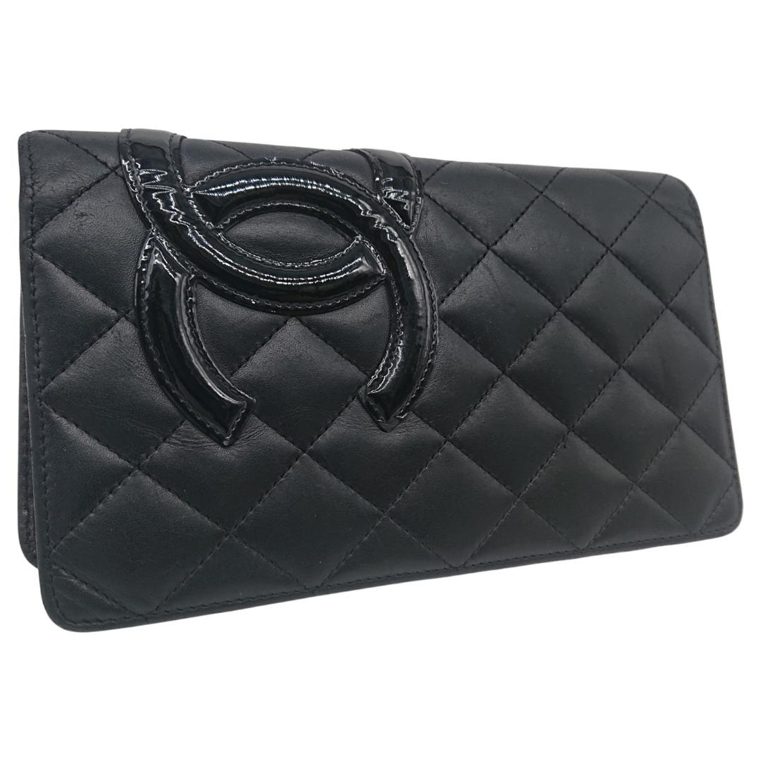 シャネル　カンボンライン　長財布　ブラックｘブラックｘピンク　レザー