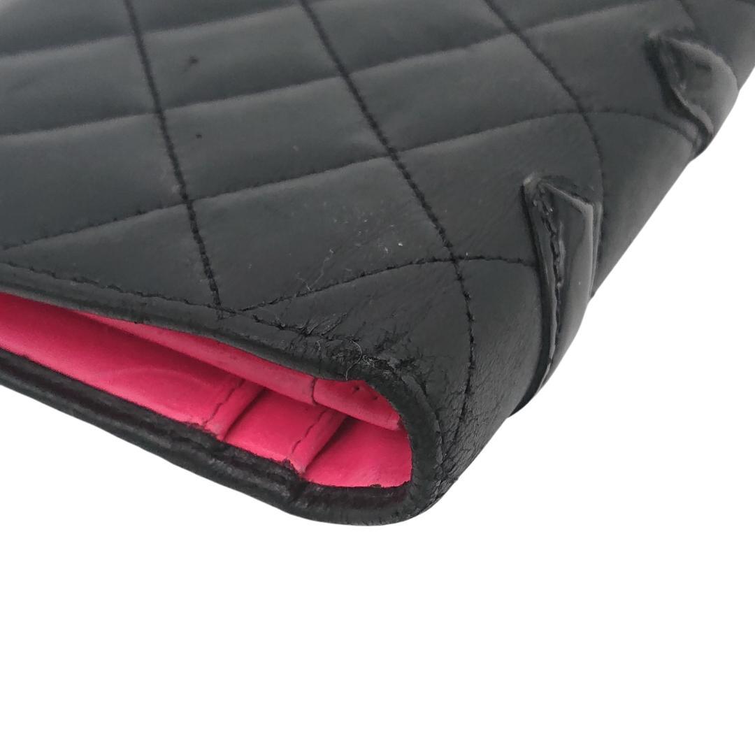 シャネル　カンボンライン　長財布　ブラックｘブラックｘピンク　レザー