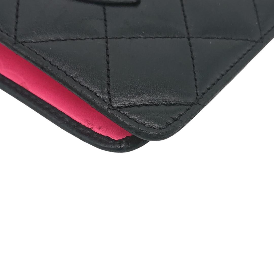 シャネル　カンボンライン　長財布　ブラックｘブラックｘピンク　レザー