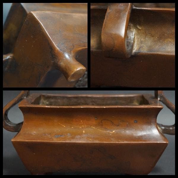 清時代 【大明宣徳年製】款 古銅双耳長香炉 寺院銅爐 茶道具/ 香道具☆時代物☆