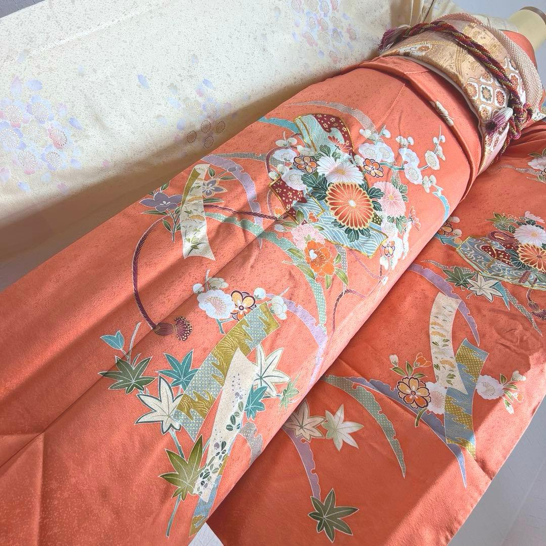 486 振袖フルセット 正絹 渋桃 クリーム 金彩 駒刺繍 暈し染め 長身さん