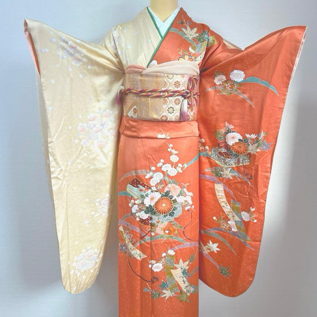 486 振袖フルセット 正絹 渋桃 クリーム 金彩 駒刺繍 暈し染め 長身さん