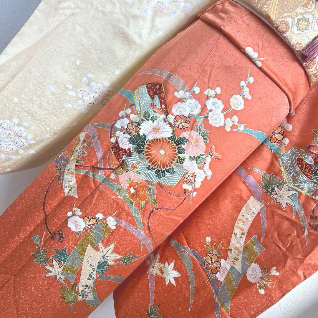 486 振袖フルセット 正絹 渋桃 クリーム 金彩 駒刺繍 暈し染め 長身さん