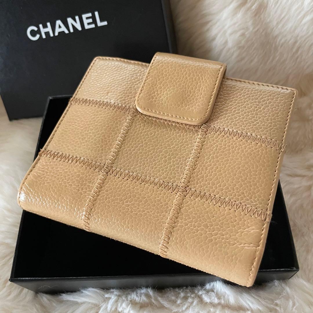 美品 CHANEL シャネル キャビアスキン 財布 ベージュ 正規