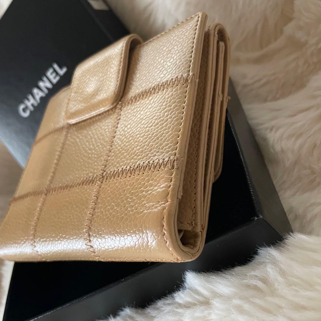 美品 CHANEL シャネル キャビアスキン 財布 ベージュ 正規