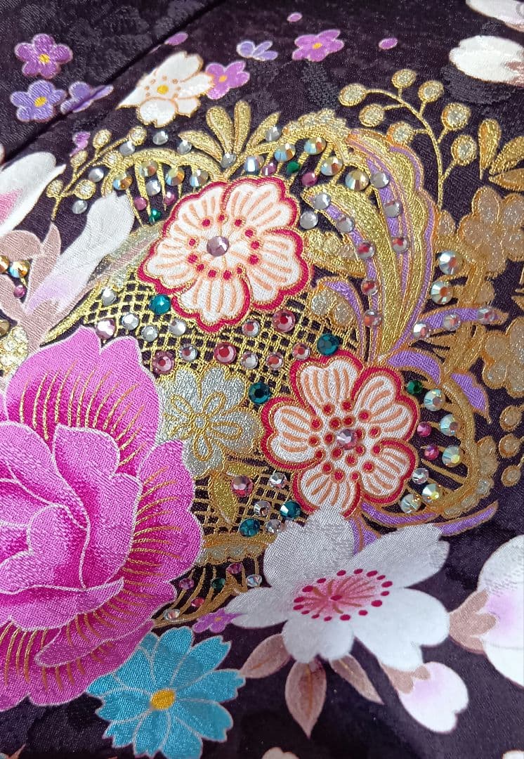 成人式当日お祝いSALE　振袖フルセット　ラインストーン　濃紫　帯揚げ2枚付