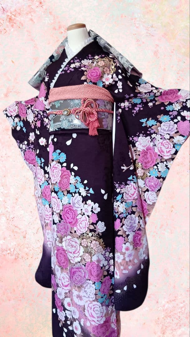 成人式当日お祝いSALE　振袖フルセット　ラインストーン　濃紫　帯揚げ2枚付