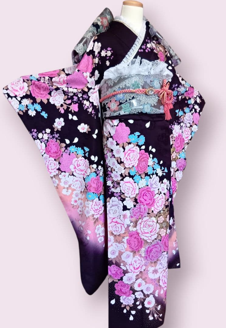 成人式当日お祝いSALE　振袖フルセット　ラインストーン　濃紫　帯揚げ2枚付