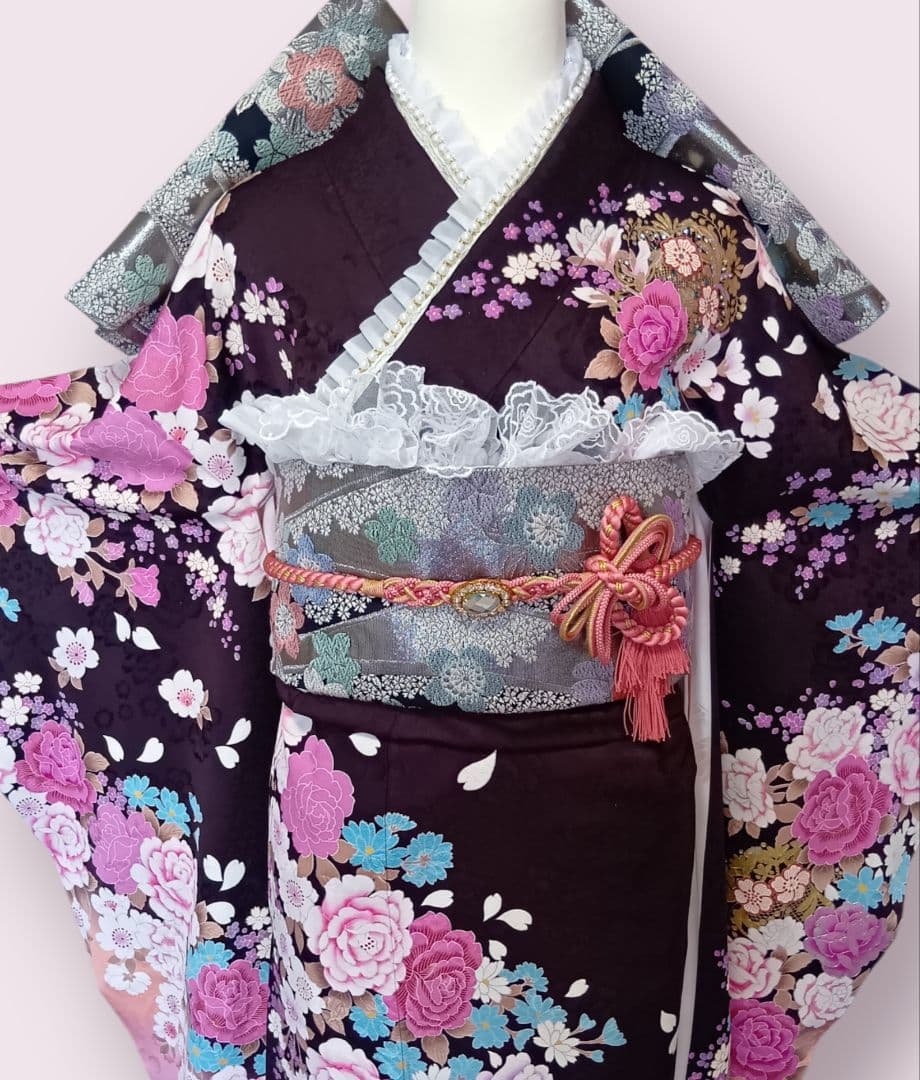 成人式当日お祝いSALE　振袖フルセット　ラインストーン　濃紫　帯揚げ2枚付